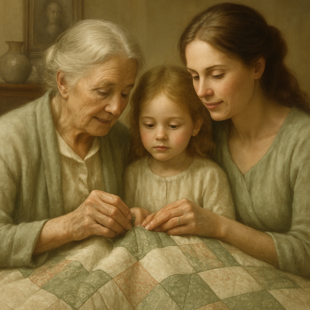 Grandmother And Mother Passing Quilt Number painting