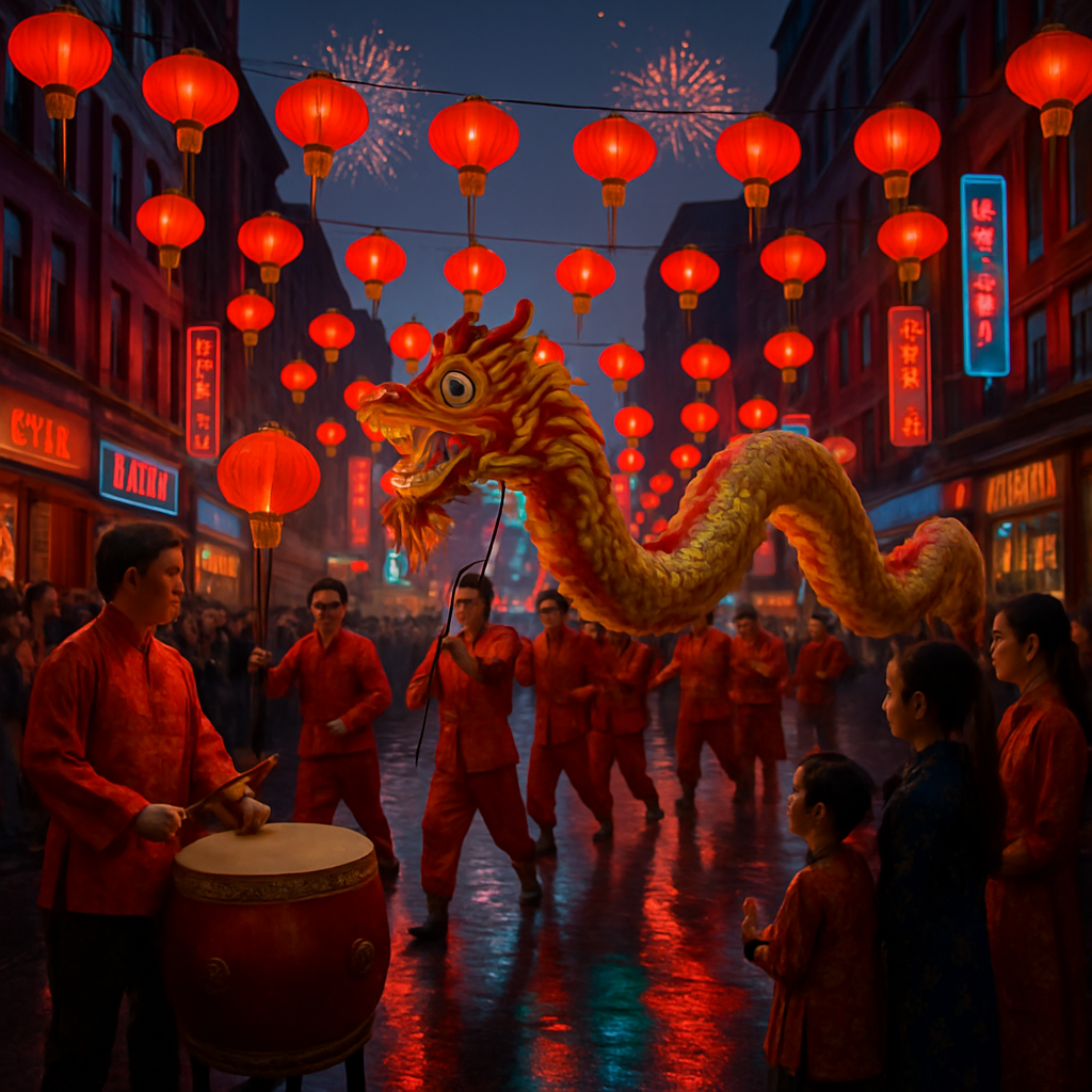 Lunar New Year Dragon Dance On Wet Streets painting number kit