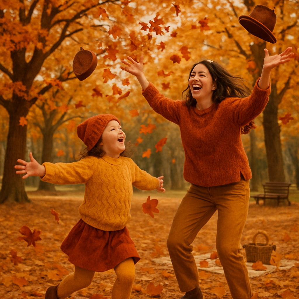 Mother And Child Laughing In Autumn Leaves Number painting