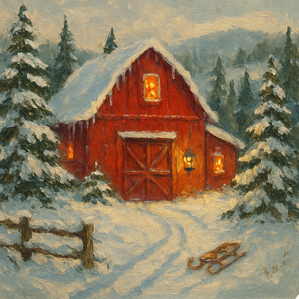 Red Barn Surrounded By Evergreens Winter Landscape Numbered painting kits