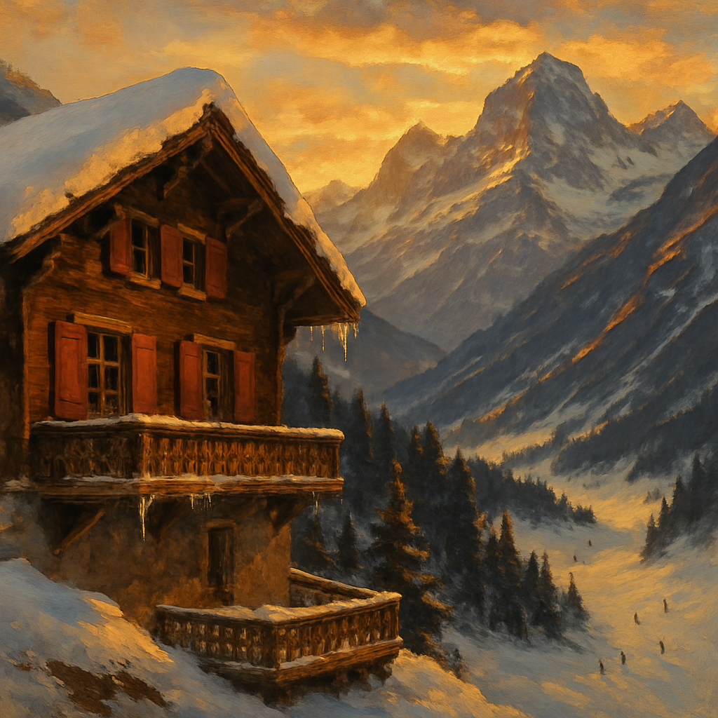 Mountain Chalet Golden Sunset Winter Landscape DIY paint by numbers