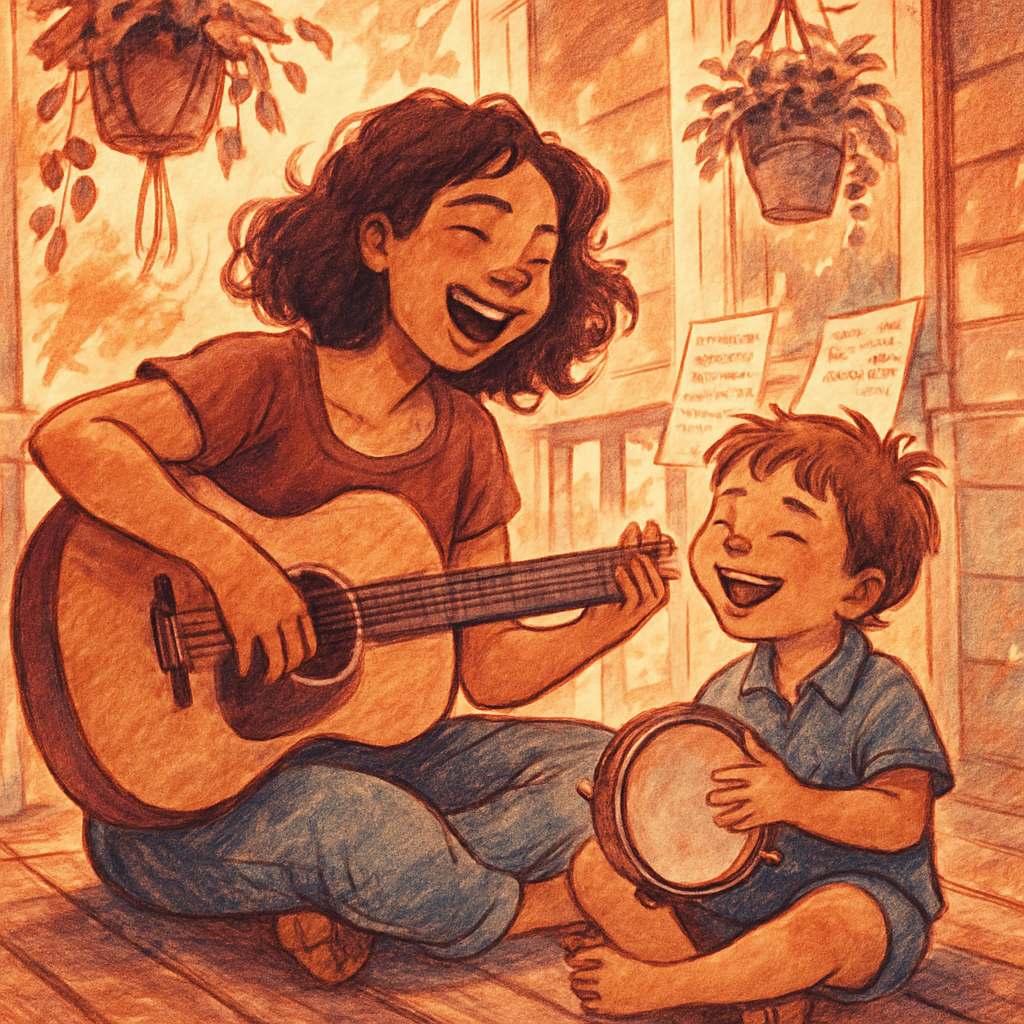 Mother And Child Making Music On Porch paint by color