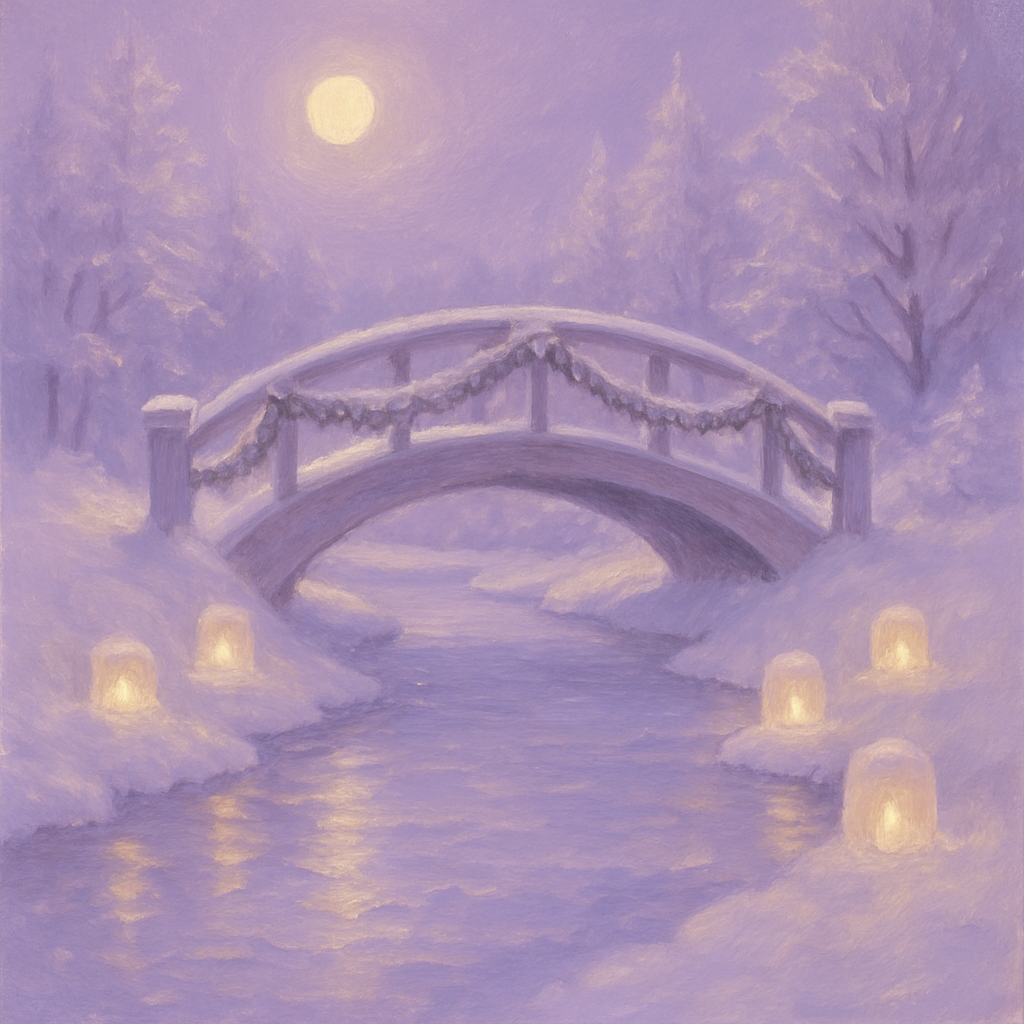 Snow Lantern Bridge At Twilight Number painting