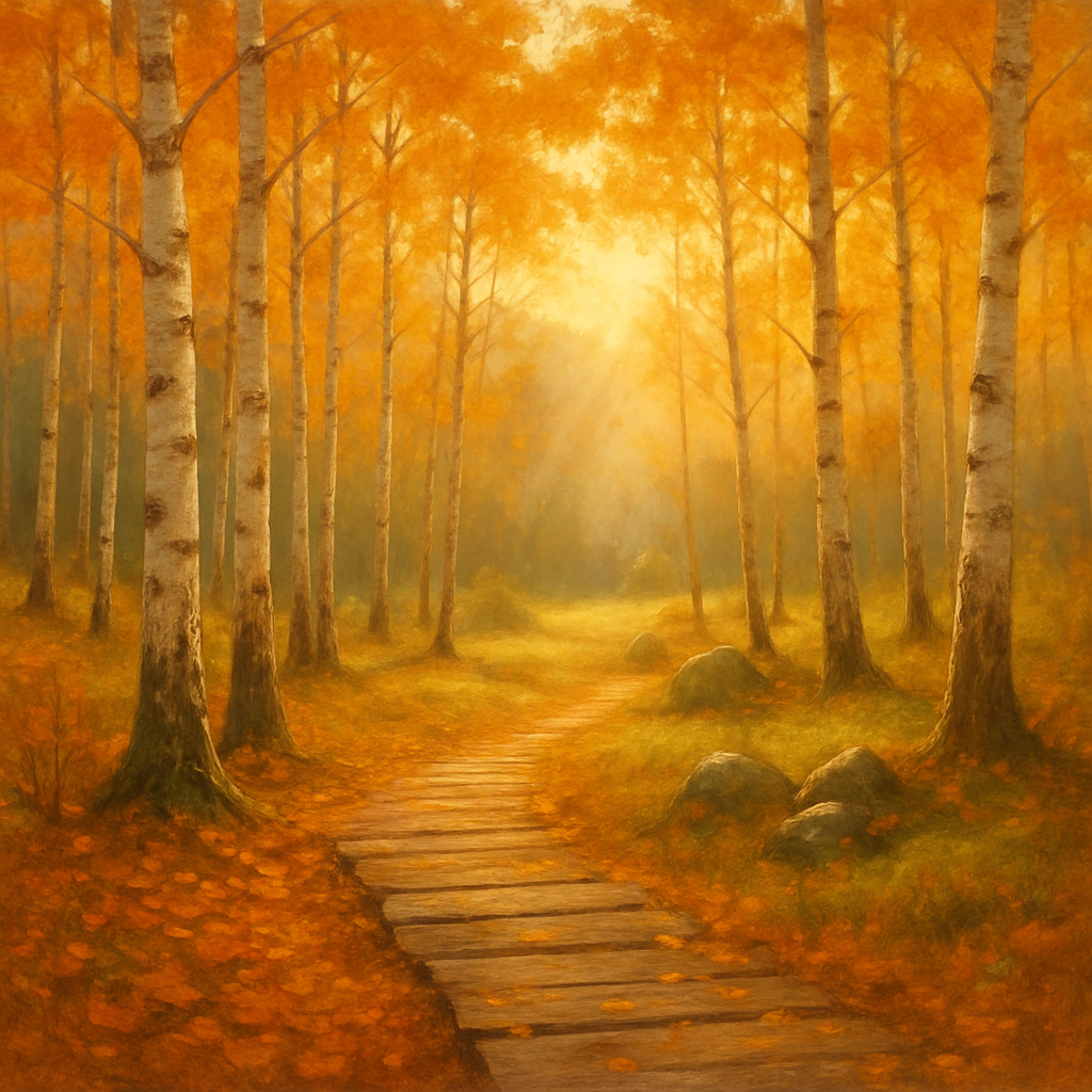 Golden Birch Morning Path Number painting
