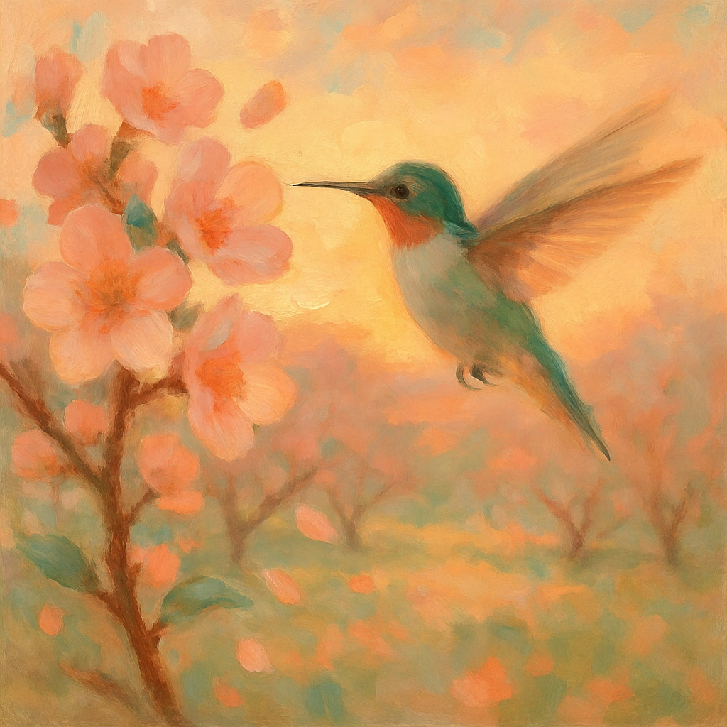 Hummingbird In The Peach Blossom Breeze paint by color