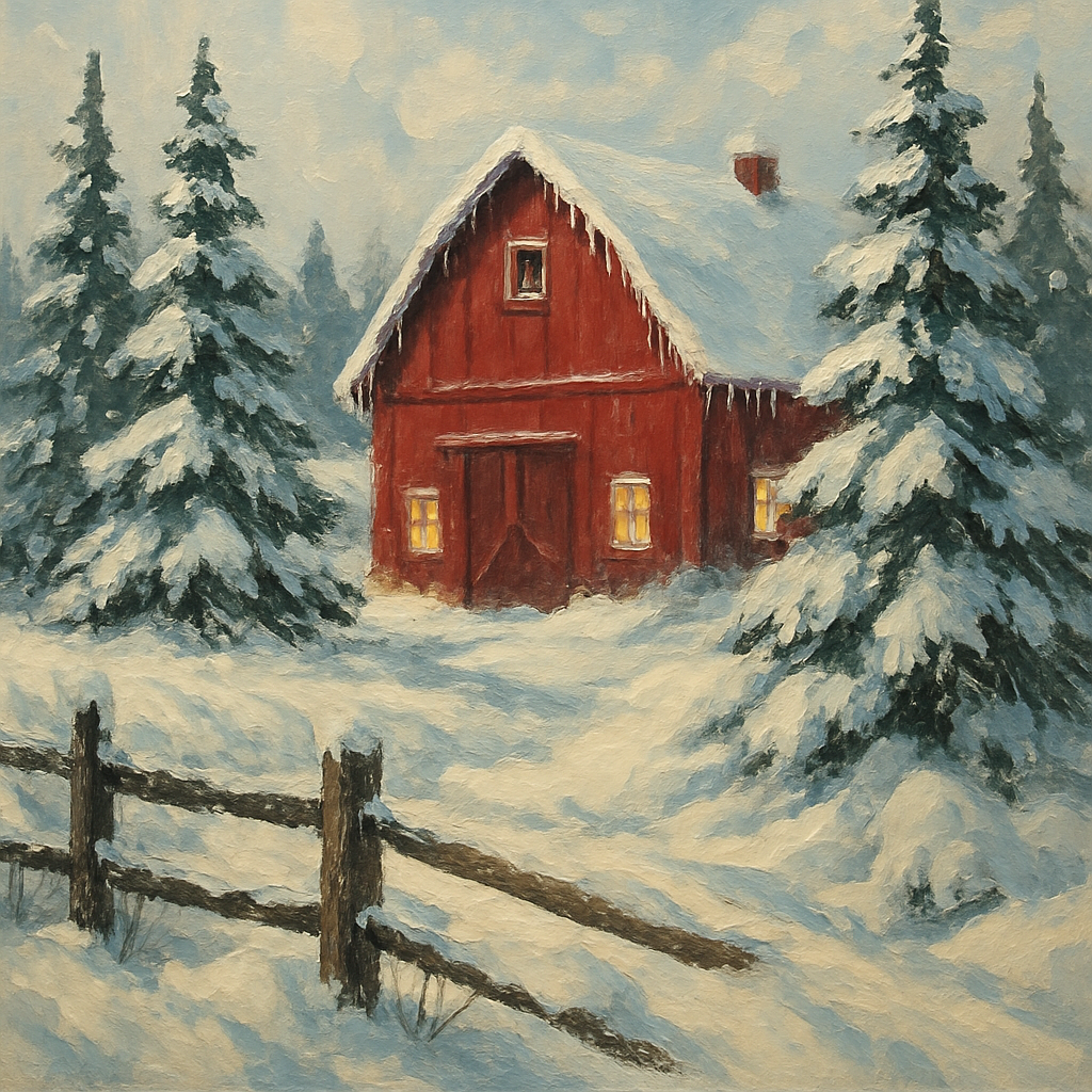 Red Barn Among Evergreens Number painting