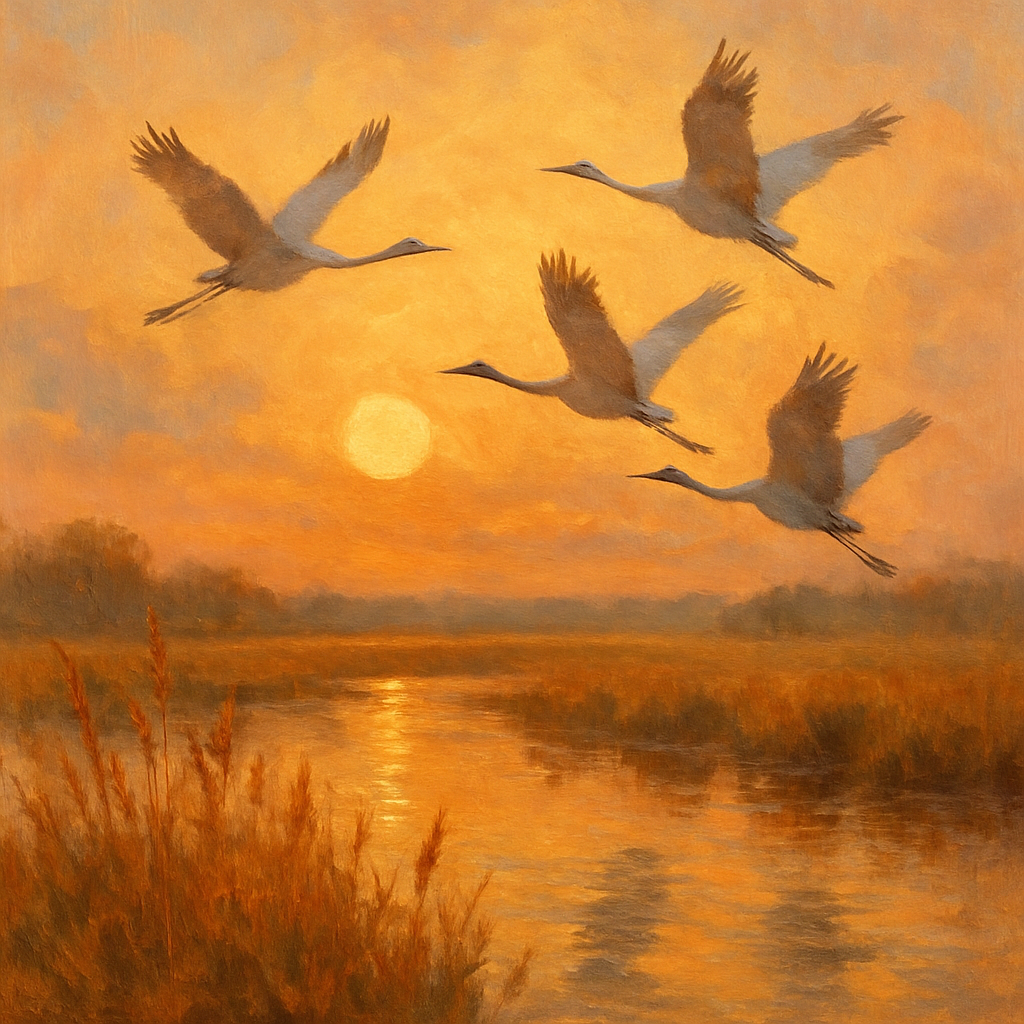 Evening Cranes Over Amber Marsh paint by number