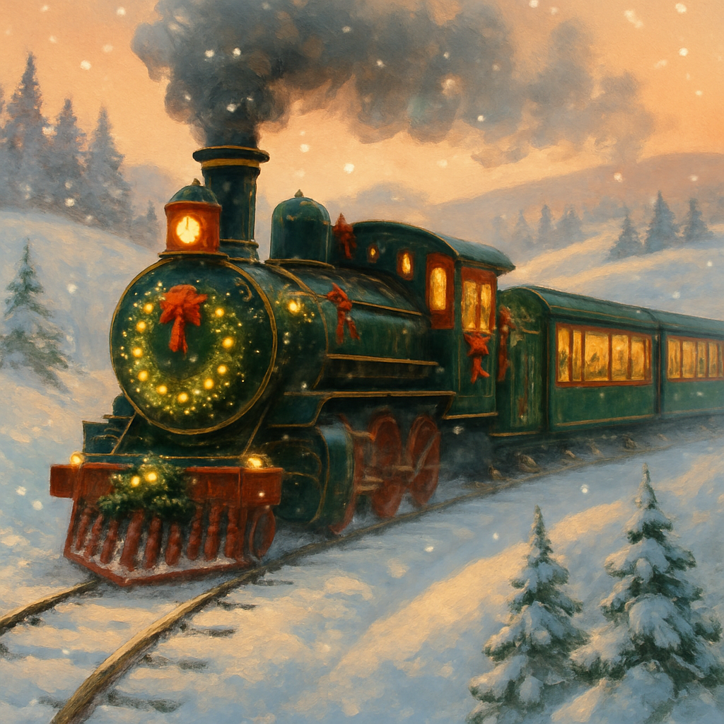 Festive Train Ride Through Snowy Hills paint by color