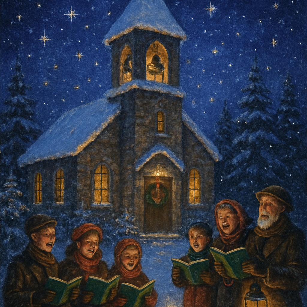 Snow-capped Church Bells Caroling Night paint by number