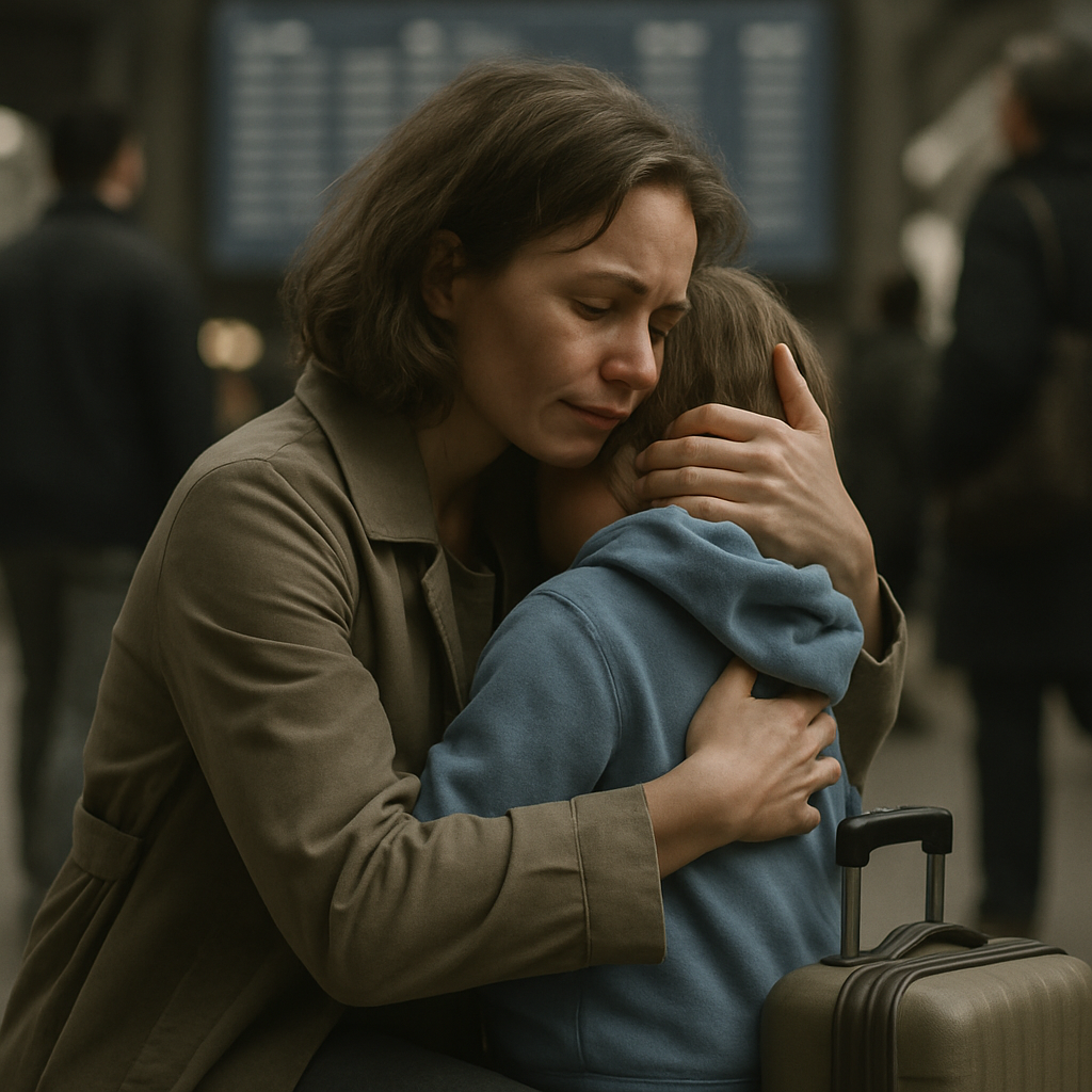 Airport Goodbye Hug Between Mother And Child Numbered painting kits