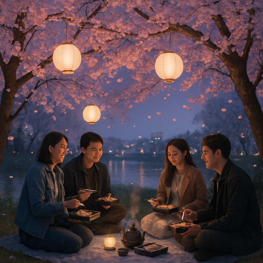 Hanami Cherry Blossom Picnic By Riverside At Twilight Paint by numbers art