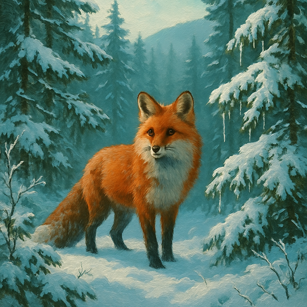 Silent Snowy Forest With Red Fox paint by color