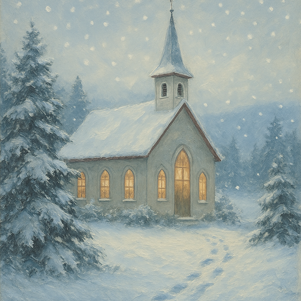 Country Church In Snow Under Soft Snowfall Number painting