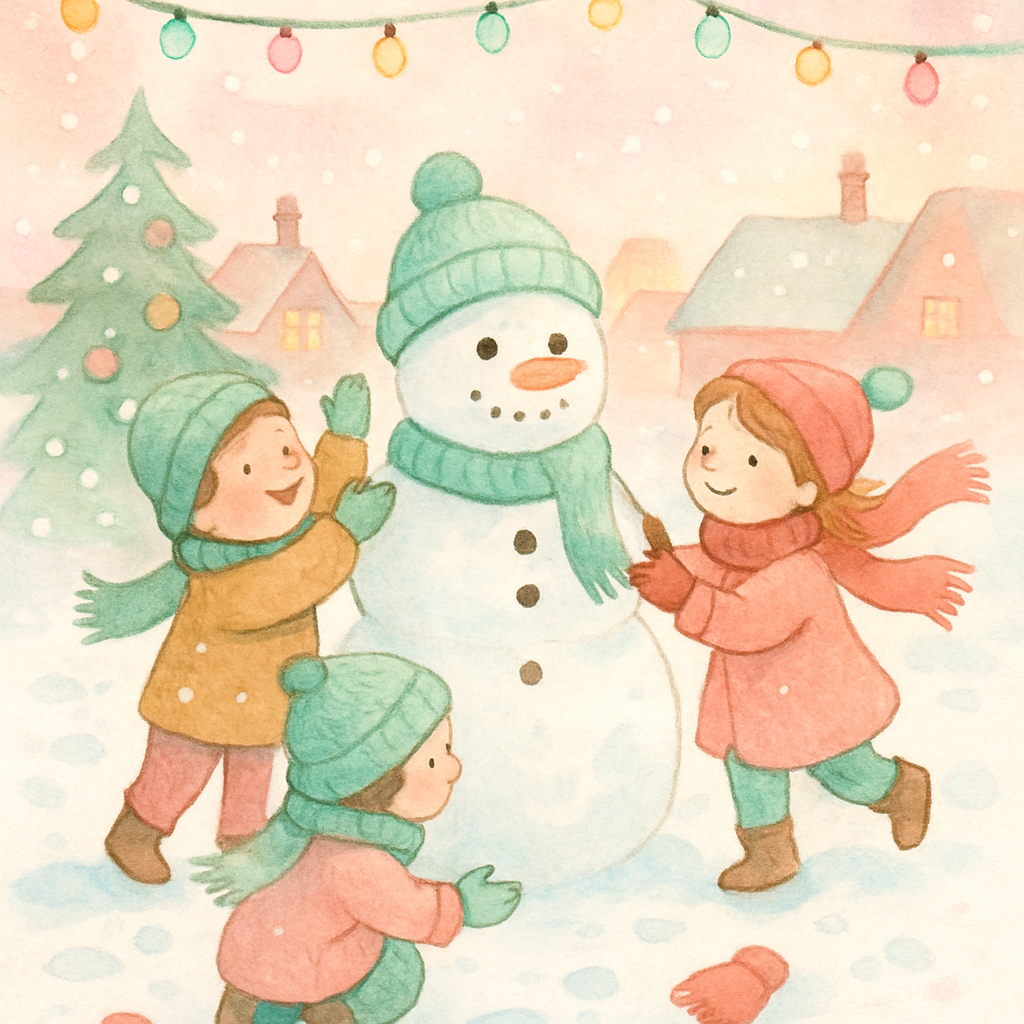 Children Building Joyful Snowman Number painting
