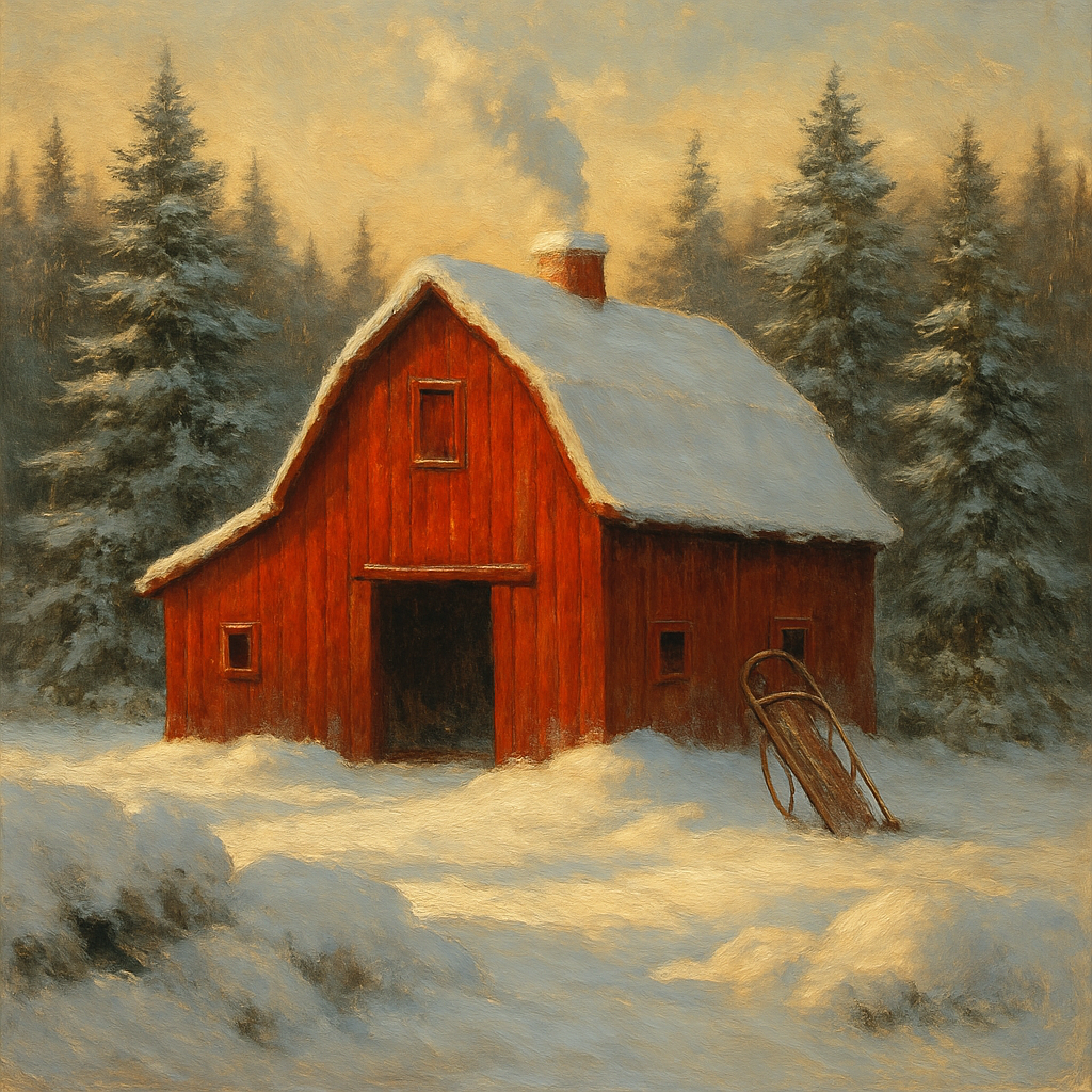 Crimson Barn Amid Frosted Evergreens DIY paint by numbers