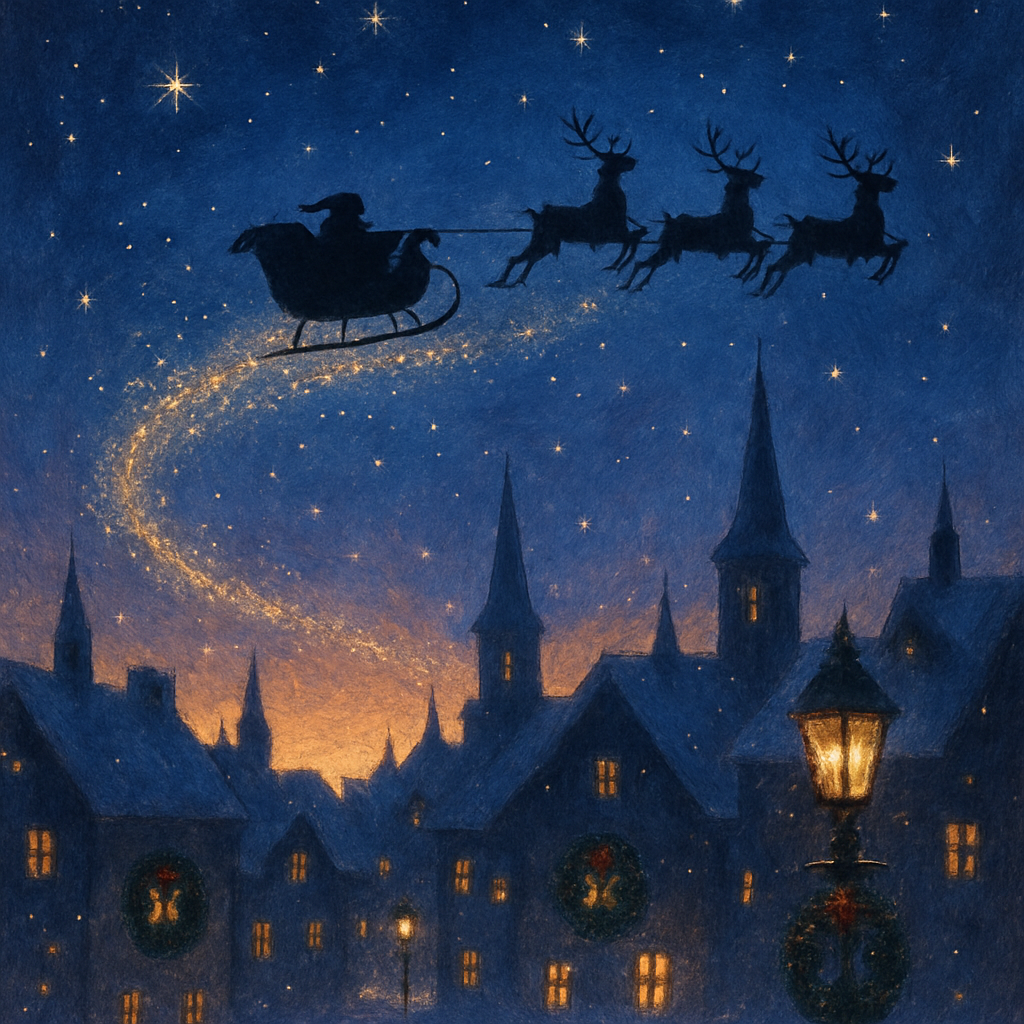 Santa Sleigh Over Twilight Town Number painting