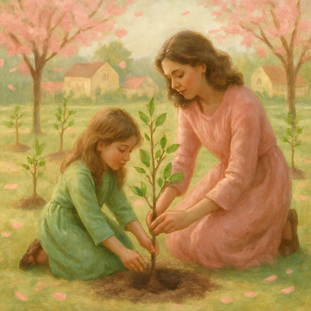 Mother And Child Planting Cherry Trees Number painting