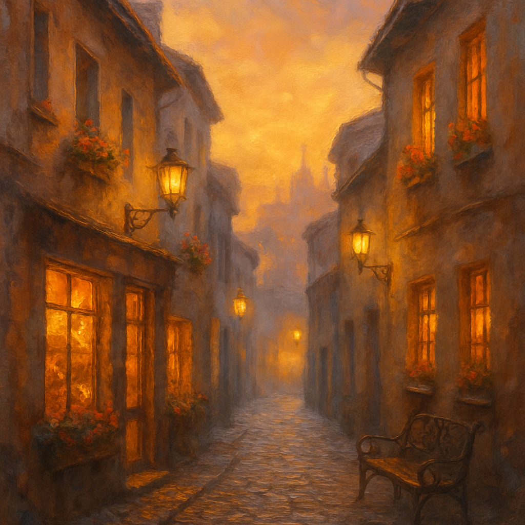 Sunset Glow Over Historic Cobblestone Alley Numbered painting kits