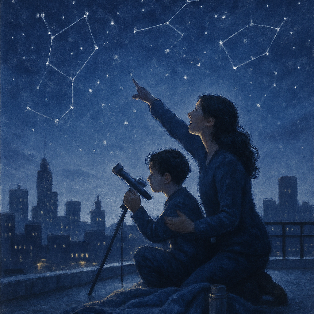 Mother And Son Stargazing On A Rooftop Numbered painting kits
