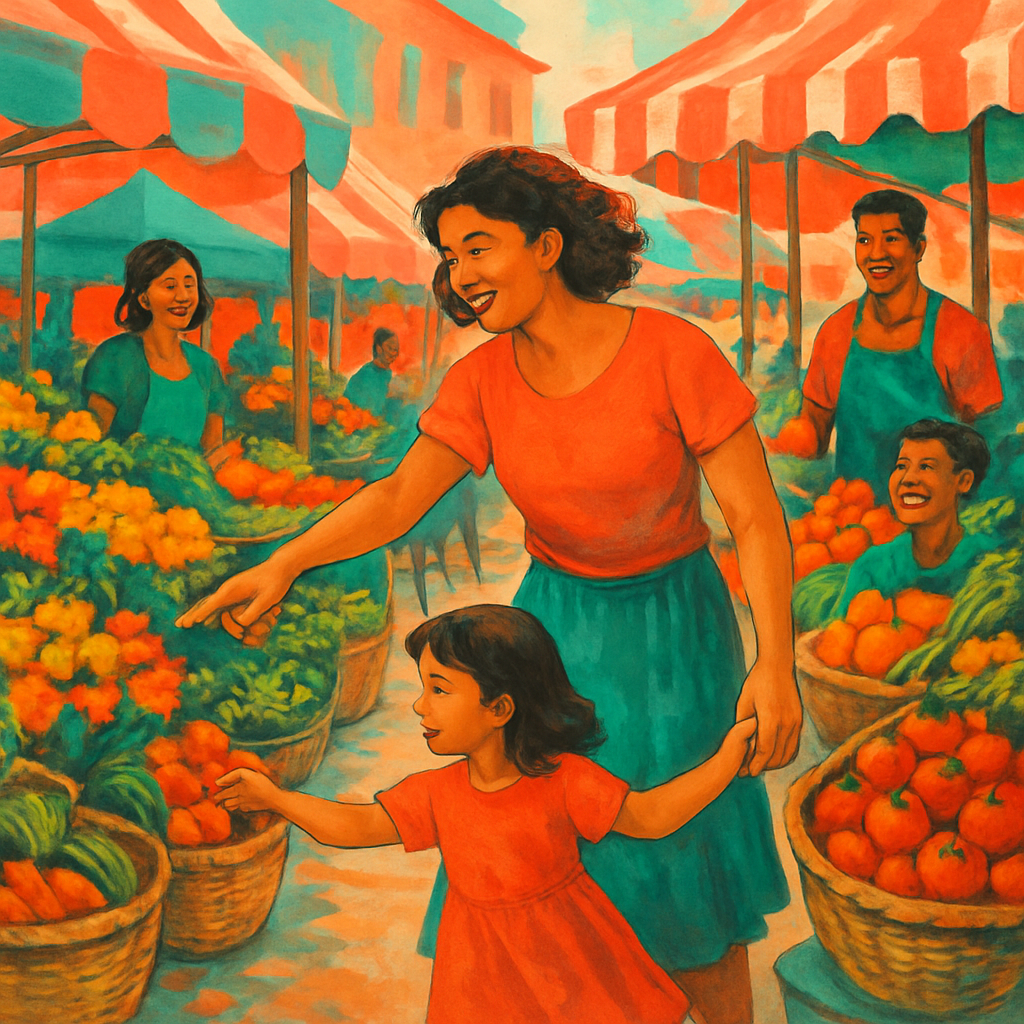 Mother And Daughter Crossing Farmer Market Painting by numbers kit