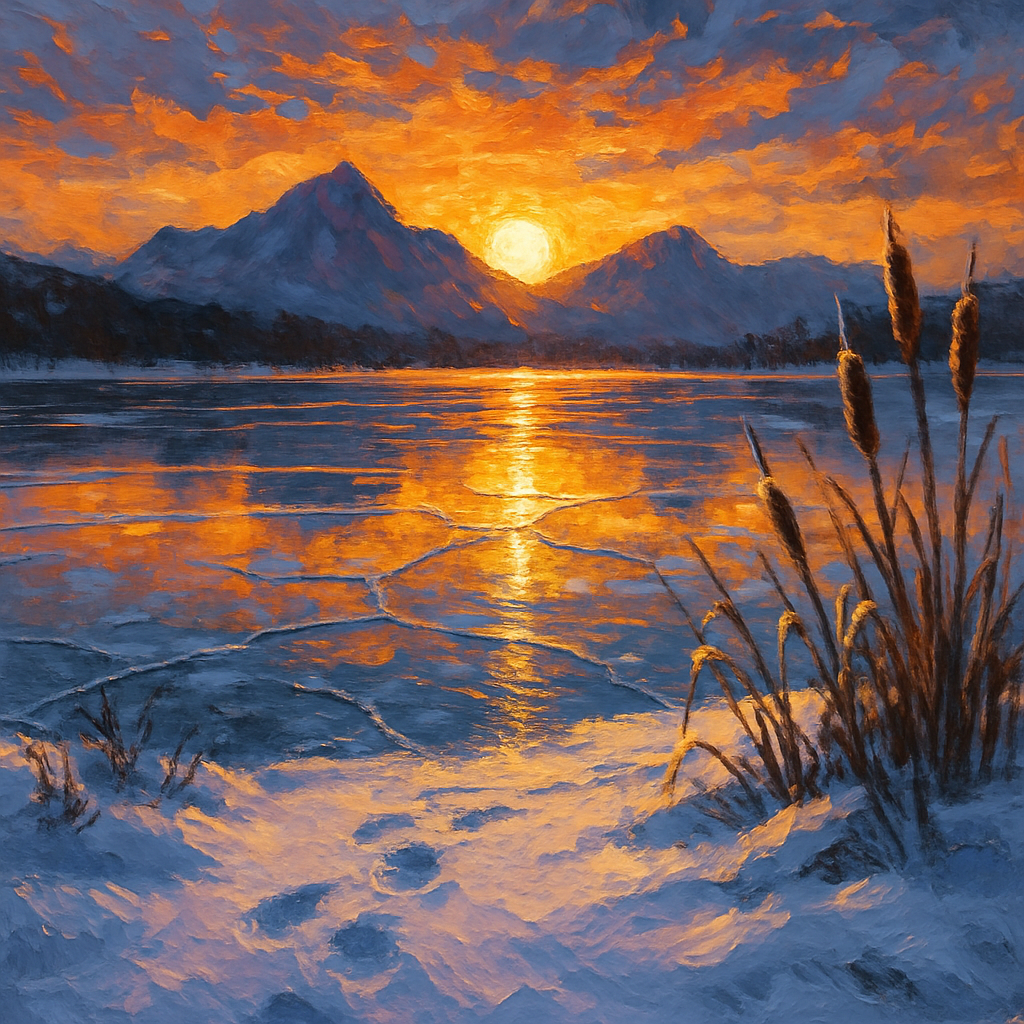Frozen Lake With Golden Sunset Reflection paint by number