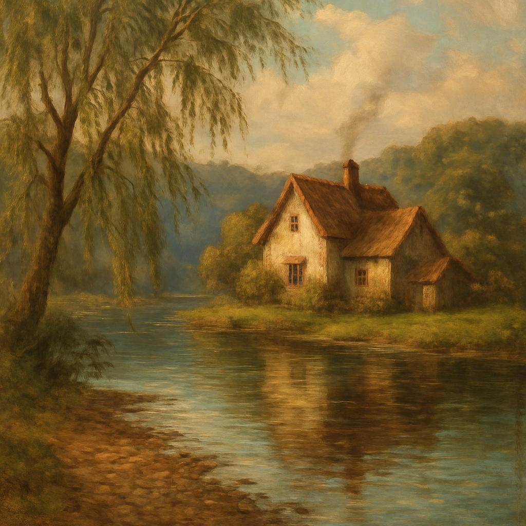 Quiet Riverbend Cottage Number painting