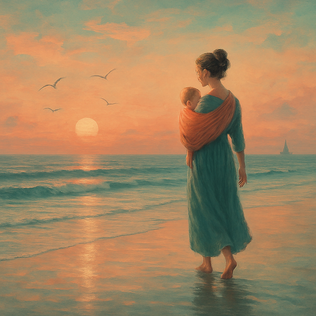 Seaside Sunset Walk With Mom And Baby Painting by numbers kit