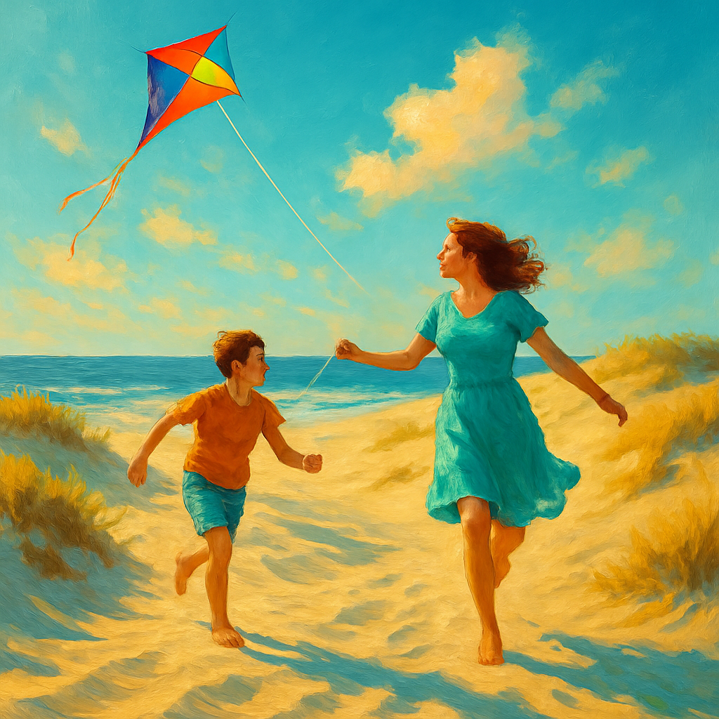 Mother And Child Kite Flying At Dunes Numbered painting kits