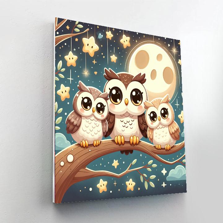 Charming Owls In The Moonlight Painting By Numbers Kit