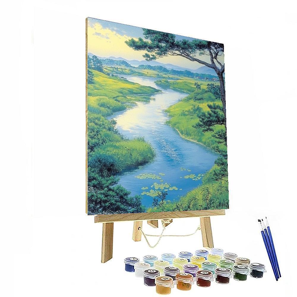 Utagawa Hiroshige Inspired Tranquil River's Embrace  Number Painting