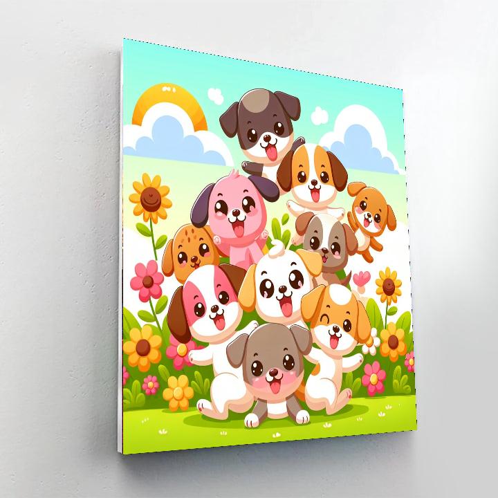 Cuddly Pups Playing Numbered Painting Kits