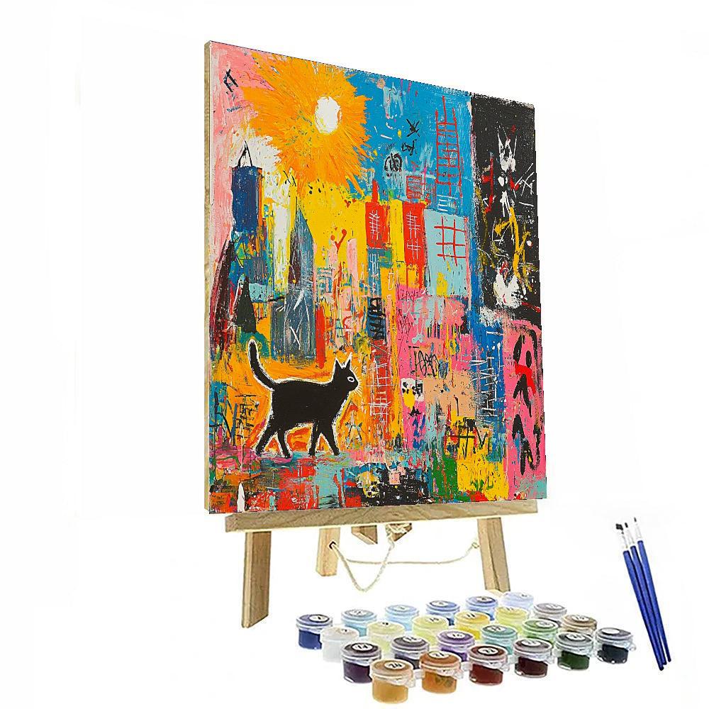 Jean-Michel Basquiat Inspired Whimsical Cat Stroll  Paint By Number