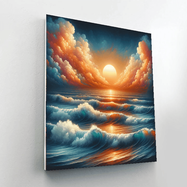 Vibrant Sunset Over Ocean Waves Number Painting