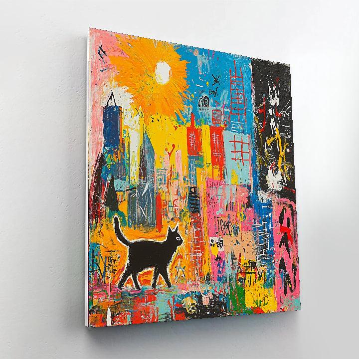 Jean-Michel Basquiat Inspired Whimsical Cat Stroll  Paint By Number