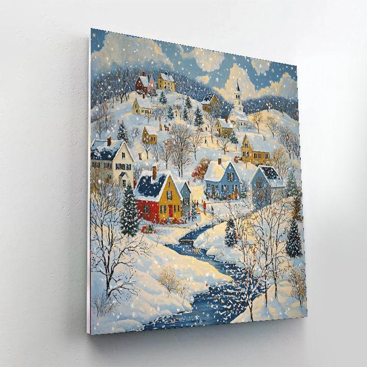 Grandma Moses Inspired Quaint Winter Village  Paint By Numbers