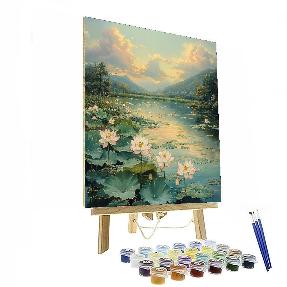 Utagawa Hiroshige Inspired Lotus Bloom Under Soft Skies  Painting By Numbers Kit