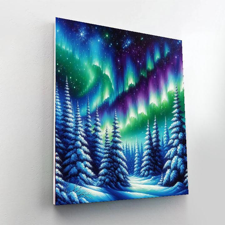 Aurora Borealis Over Snowy Pines Number Painting