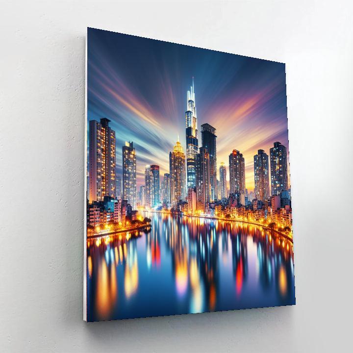 Bustling Cityscape Reflection Painting Number Kit