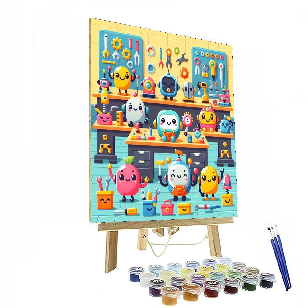 Cheerful Robot Helpers Paint By Numbers Art