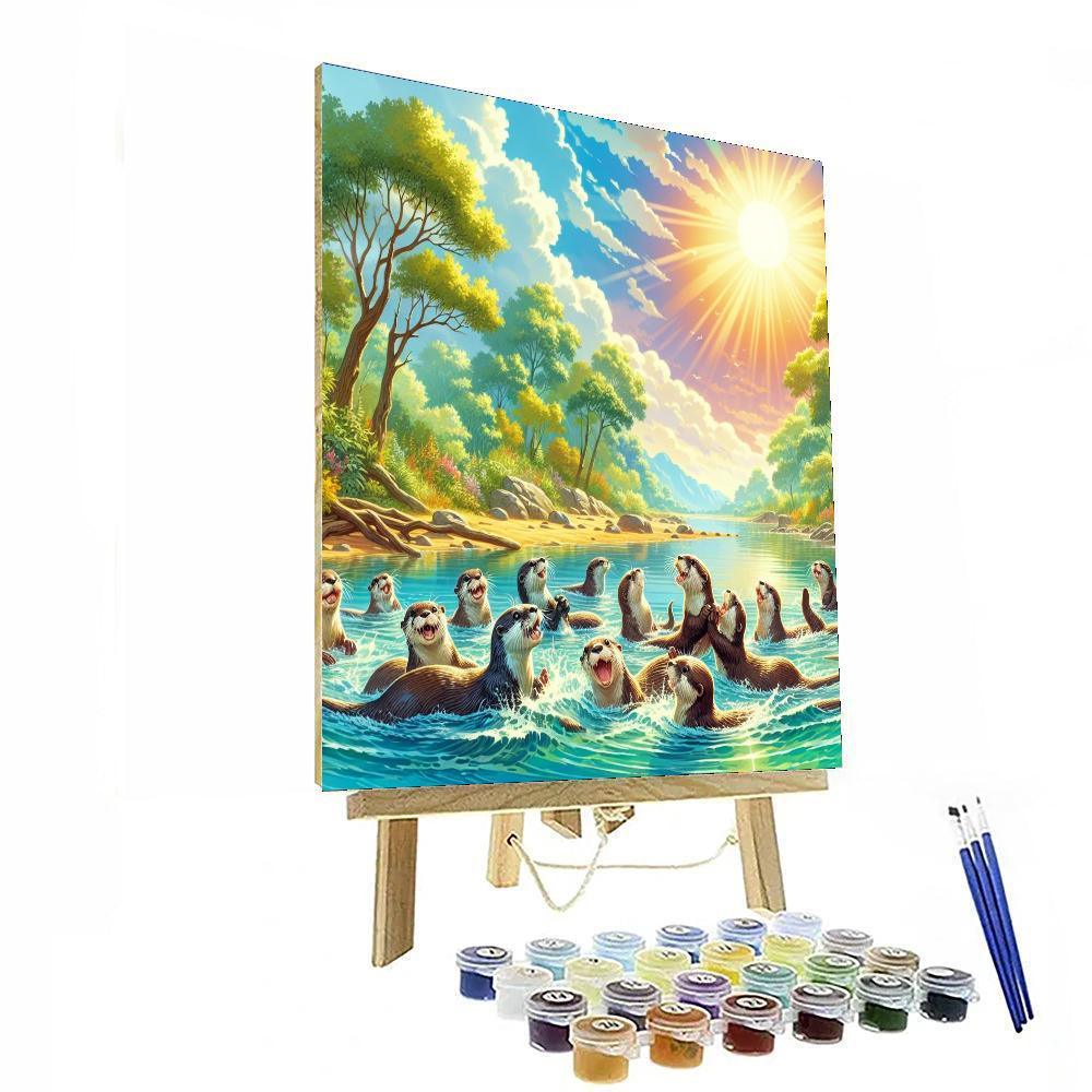 Playful Otters In River Scene Painting Number Kit