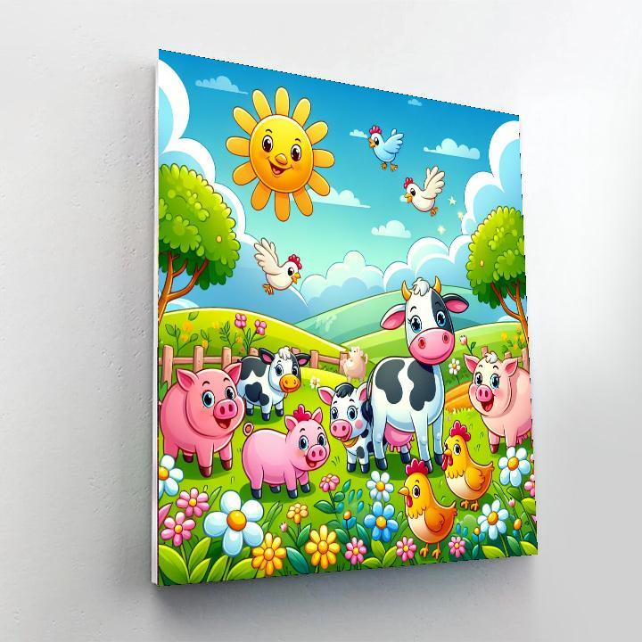 Colorful Farm Animals In The Field Painting By Numbers Kit