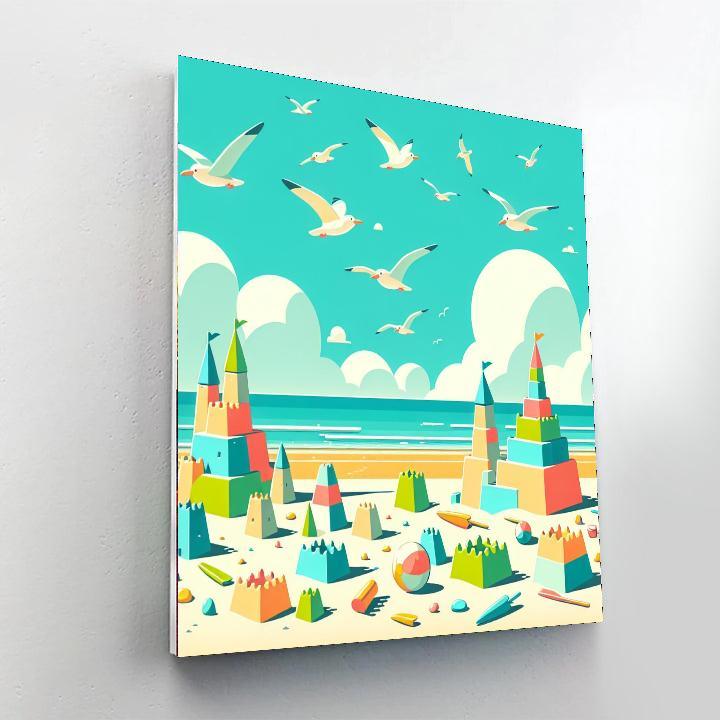 Holiday Beach With Sandcastles And Seagulls Paint By Number
