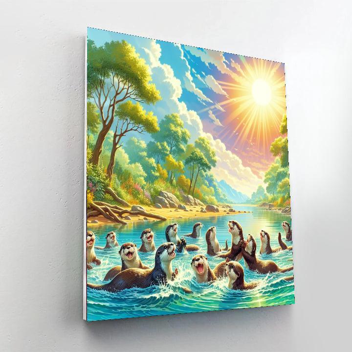 Playful Otters In River Scene Painting Number Kit