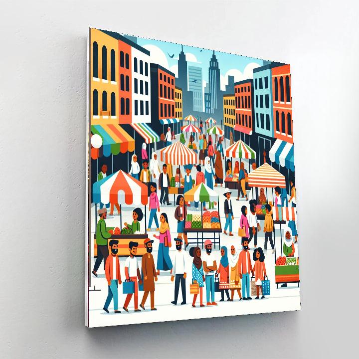 Busy Urban Street Market Paint By Numbers Art