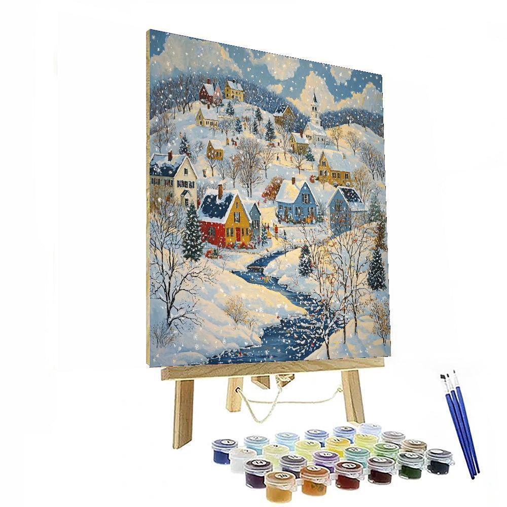 Grandma Moses Inspired Quaint Winter Village  Paint By Numbers