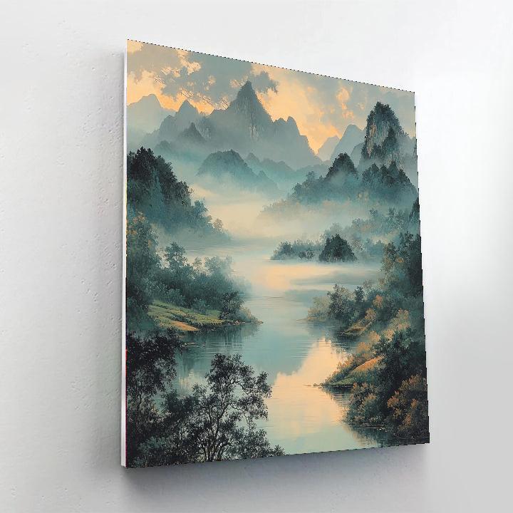 Zhao Mengfu Inspired Ethereal Fog Over Silent Valleys  Paint By Color