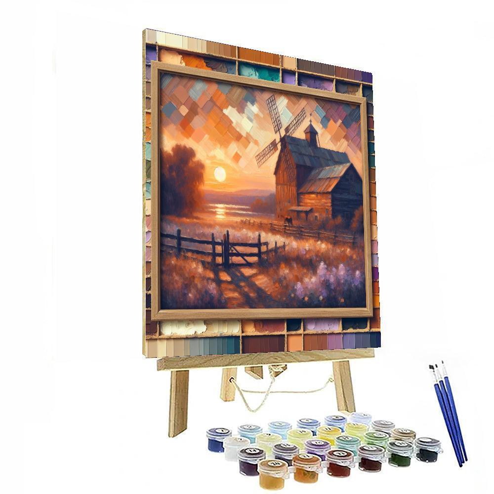 Rustic Barn And Windmill Evening Scene Paint By Numbers Art