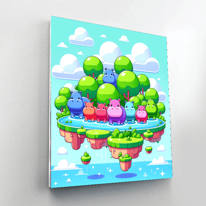 Floating Islands With Friendly Hippos Paint By Number