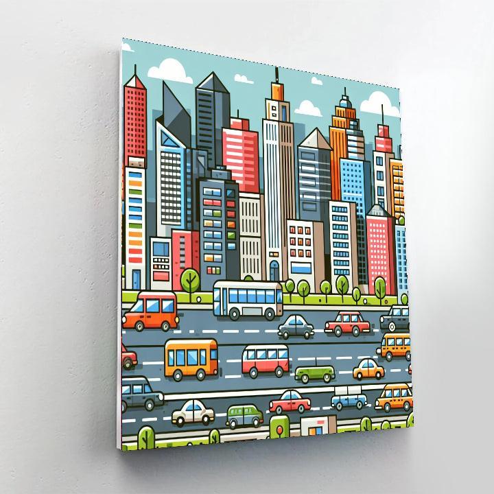 Cityscape With Vehicles And Skyscrapers Paint By Number