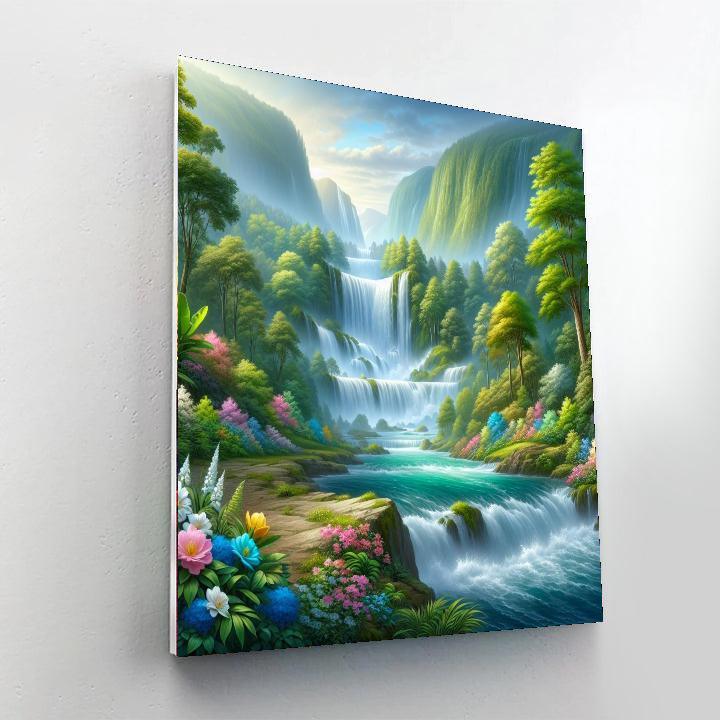 Cascading Mountain Waterfalls Number Painting